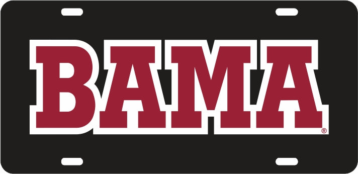 Alabama Crimson Tide Acrylic Car Tag Black W/ Red Bama White Reflective Decal
