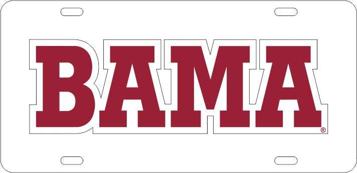 Alabama Crimson Tide Acrylic Car Tag White W/ Red Bama Silver Reflective Decal
