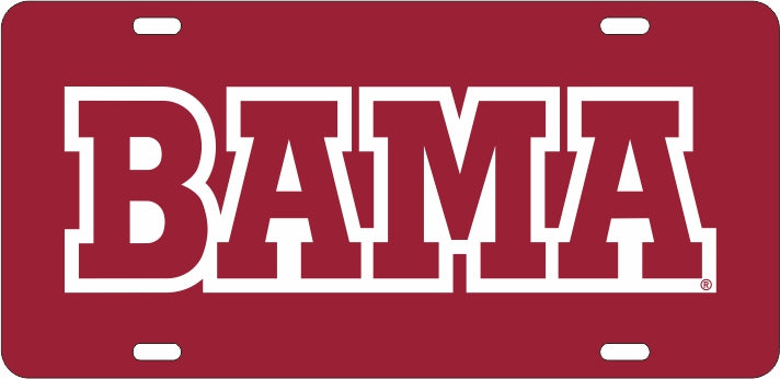 Alabama Crimson Tide Acrylic Car Tag Red W/ Red Bama White Reflective Decal
