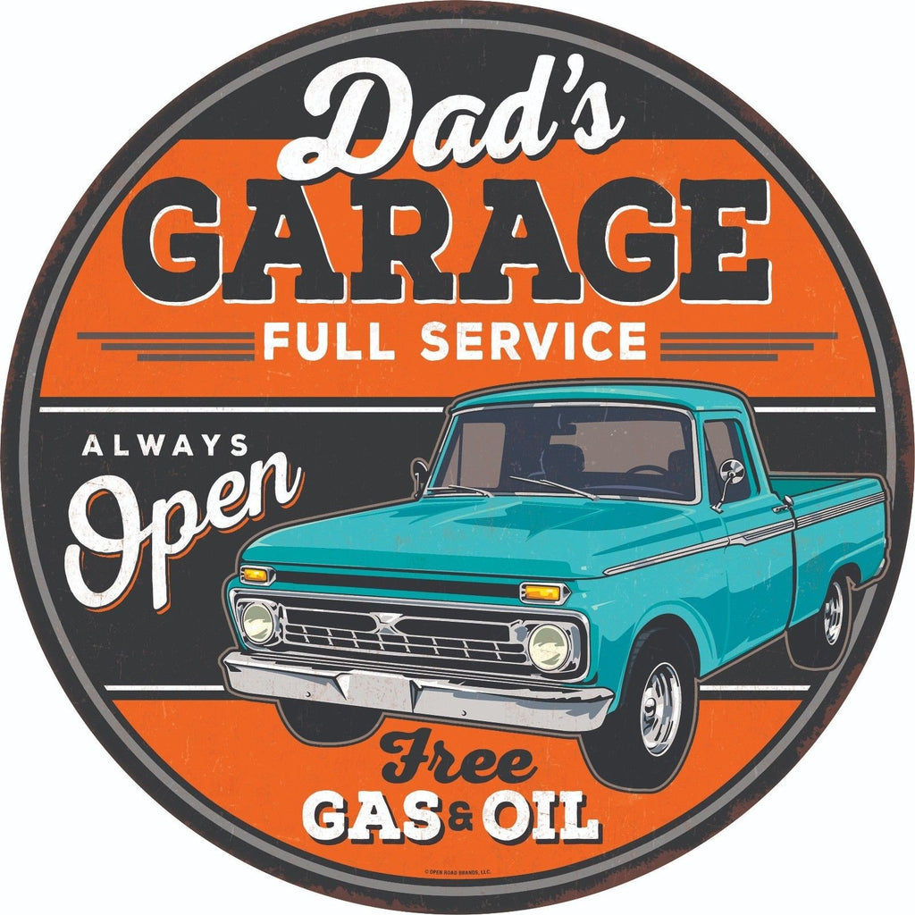 Dad'S Garage Full Service Always Open Round Embossed Tin 12