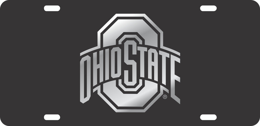 OHIO STATE BUCKEYES CAR TAG BLACK W/ SILVER OHIO STATE LOGO LASER CUT ACRYLIC MIRROR