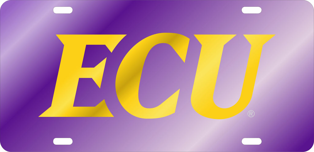 EAST CAROLINA PIRATES CAR TAG PURPLE W/ YELLOW ECU LOGO LASER CUT ACRYLIC MIRROR