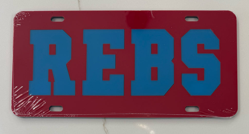 OLE MISS REBELS LASER CAR TAG RED WITH POWDER BLUE REBS ACRYLIC