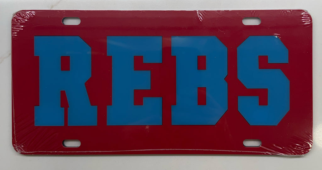 OLE MISS REBELS LASER CAR TAG RED WITH POWDER BLUE REBS ACRYLIC