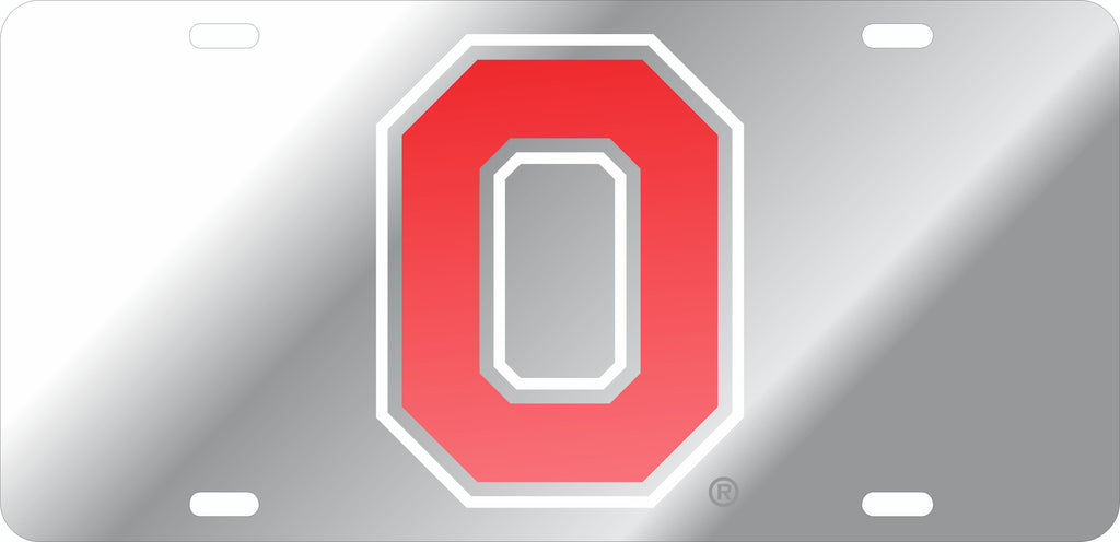 OHIO STATE BUCKEYES CAR TAG SILVER W/ RED O LOGO WHITE TRIM LASER CUT ACRYLIC MIRROR