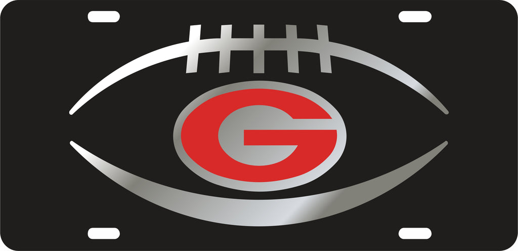 GEORGIA BULLDOGS CAR TAG BLACK W/ RED G LOGO ON SILVER FOOTBALL LASER CUT ACRYLIC MIRROR