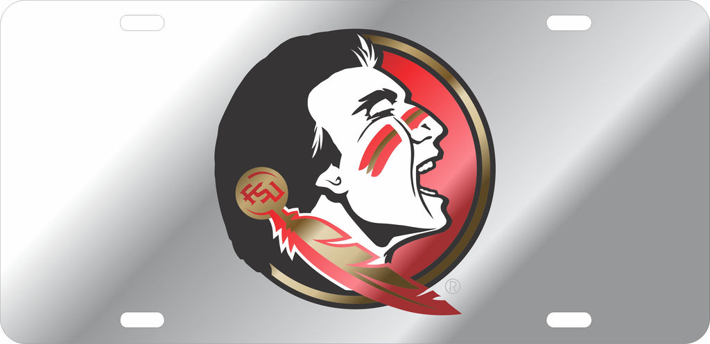 FLORIDA STATE SEMINOLES CAR TAG SILVER W/ SEMINOLE HEAD LOGO LASER CUT ACRYLIC MIRROR