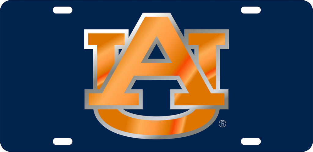 AUBURN TIGERS CAR TAG  BLUE W/ ORANGE AU LOGO SILVER TRIM LASER CUT ACRYLIC MIRROR