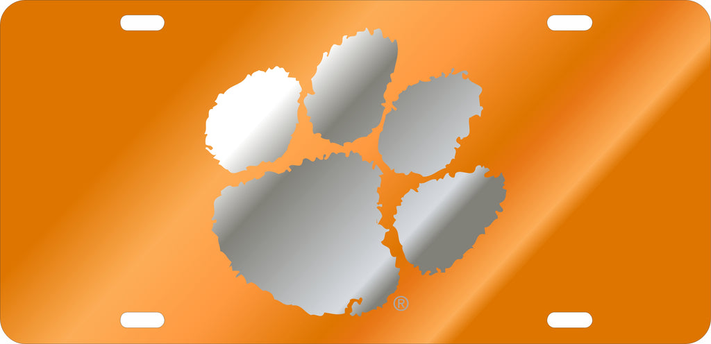 CLEMSON TIGERS CAR TAG ORANGE W/ SILVER TIGER PAW LOGO LASER CUT ACRYLIC MIRROR
