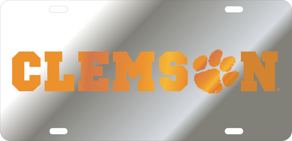 CLEMSON TIGERS CAR TAG SILVER W/ ORANGE CLEMSON LOGO LASER CUT ACRYLIC MIRROR