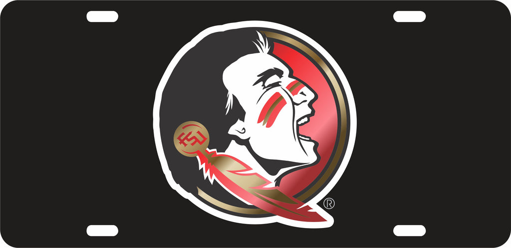 FLORIDA STATE SEMINOLES CAR TAG BLACK W/ SEMINOLE HEAD LOGO LASER CUT ACRYLIC MIRROR