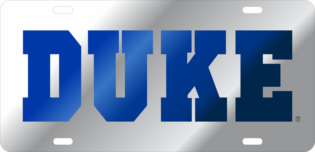 DUKE BLUE DEVILS CAR TAG SILVER W/ BLUE DUKE LOGO LASER CUT ACRYLIC MIRROW PLATE