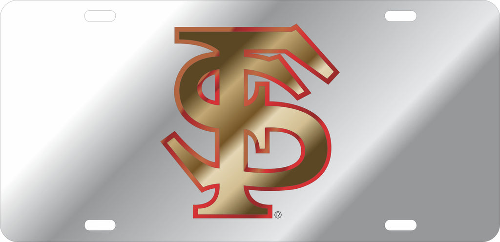 FLORIDA STATE SEMINOLES CAR TAG SILVER W/ GOLD FS LOGO LASER CUT ACRYLIC MIRROR