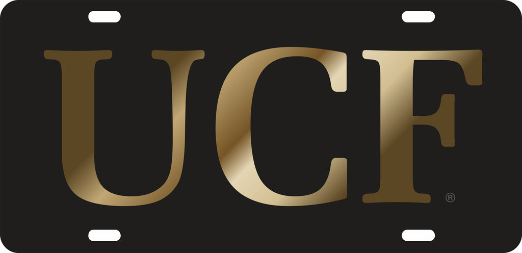 UCF KNIGHTS CAR TAG BLACK W/ GOLD UCF LOGO LASER CUT ACRYLIC MIRROR CENTRAL FLORIDA