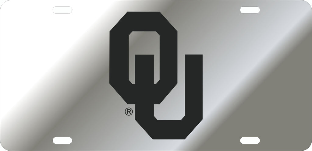 OKLAHOMA SOONERS CAR TAG SILVER W/ BLACK OU LOGO LASER CUT ACRYLIC MIRROR PLATE