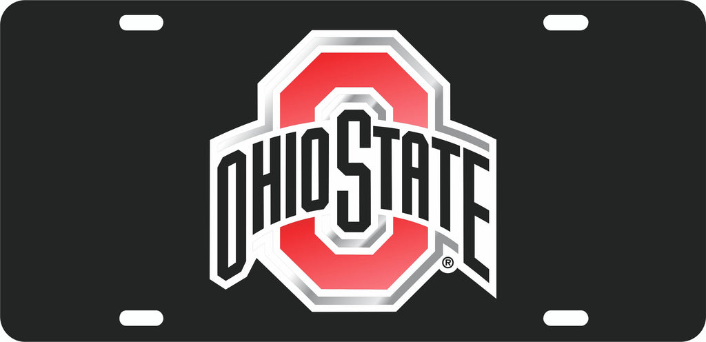 OHIO STATE BUCKEYES CAR TAG BLACK W/ RED BLACK OHIO STATE LOGO SILVER TRIM LASER CUT ACRYLIC