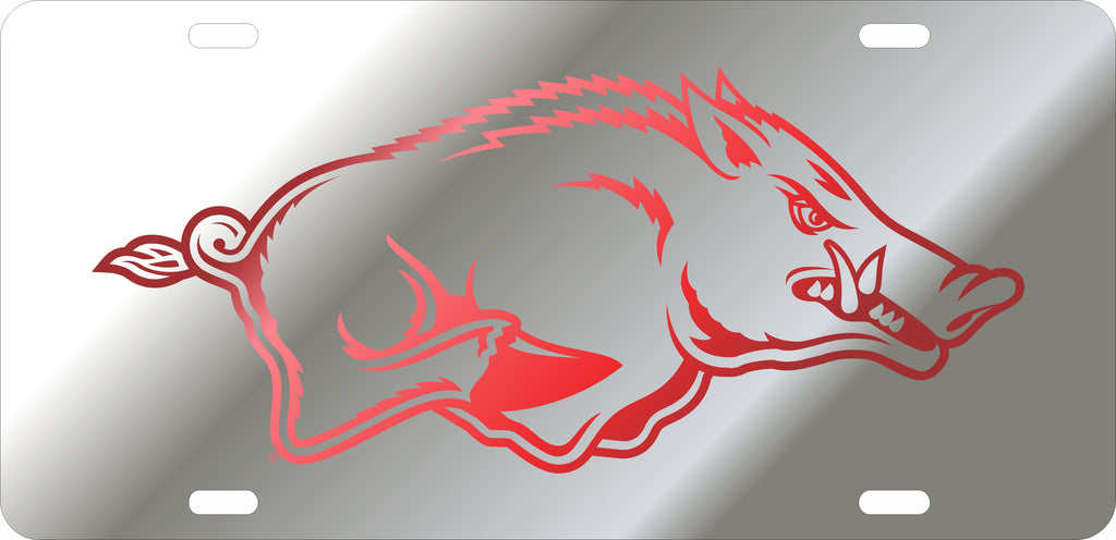ARKANSAS RAZORBACKS CAR TAG LASER SILVER RED RUNNING HOG