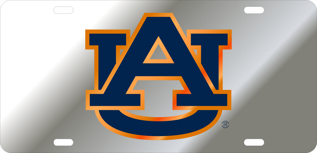 AUBURN TIGERS CAR TAG SILVER W/ BLUE AU LOGO ORANGE TRIM LASER CUT ACRYLIC MIRROR