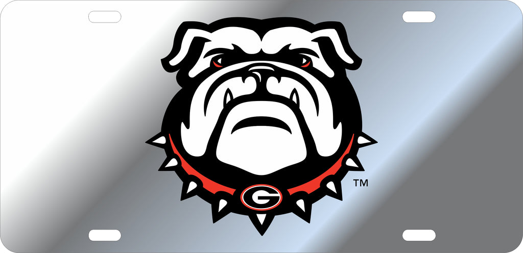 Georgia Bulldogs Mirror Acrylic Car Tag Silver W/ New Bulldog Head Logo Laser Cut