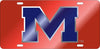 Ole Miss Rebels Mirror Acrylic Car Tag Red W/ Blue M Logo Silver Laser Cut