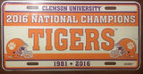 Clemson Tigers 2016 National Champions 1981 Car Truck Tag  License Plate Sign