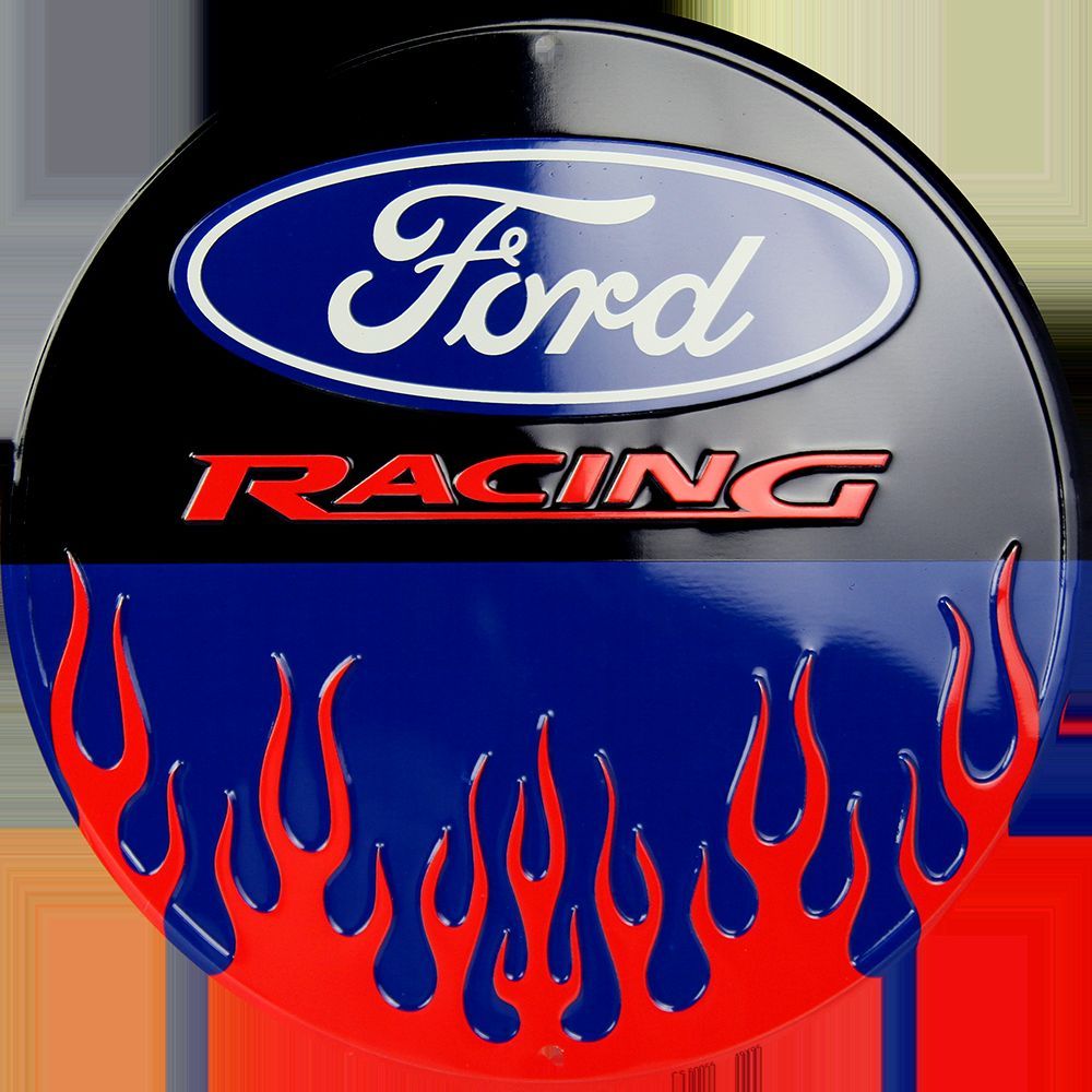 Ford Racing 12" Round Metal Tin Embossed Red Flames