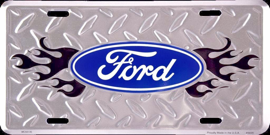 Ford Logo Diamond License Plate Metal Black Flame Embossed