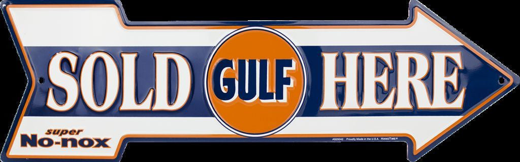 Gulf Oil Sold Here Arrow Tin Sign