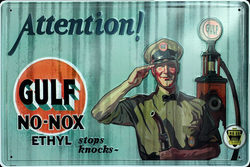 Attention! Gulf No-Nox Ethyl Gasoline Metal Sign