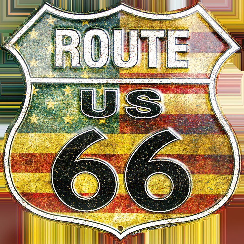 Us Route 66 American Flag Embossed Metal Shield Sign