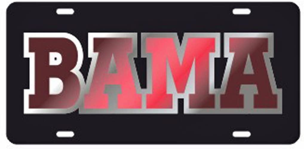 Alabama Crimson Tide Mirror Car Tag Black W/ Red Bama Silver Outline Laser Cut