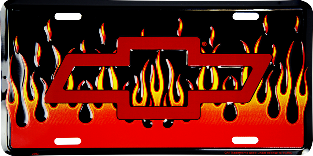 Chevrolet Flames Red Bowtie License Plate Metal Sign Embossed Fire Chevy Auto