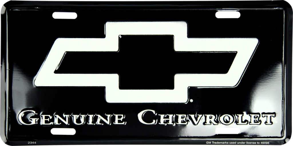 Chevrolet Genuine Bowtie License Plate Metal Black Silver Sign Embossed