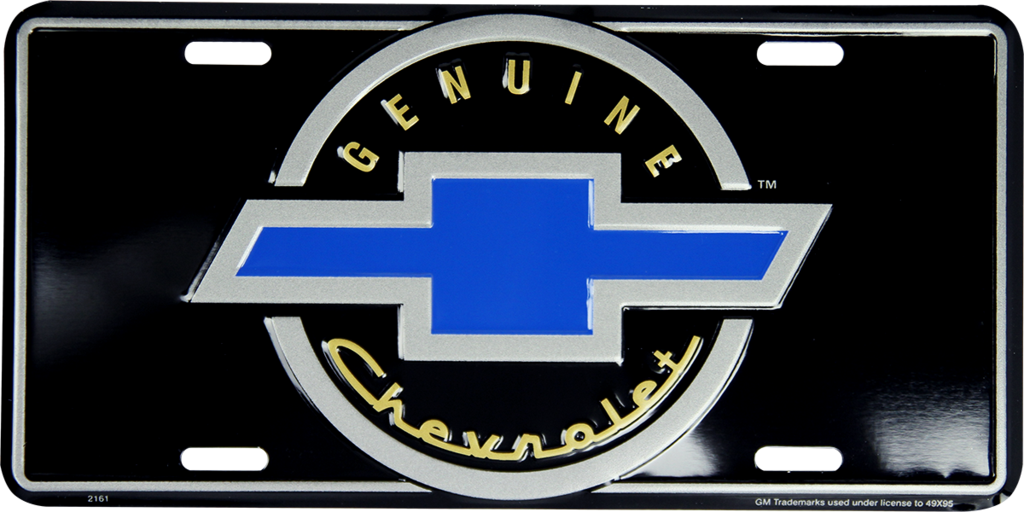 Chevrolet Genuine Bowtie License Plate Metal Black Blue Silver Sign Embossed