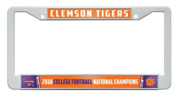 CLEMSON TIGERS NATIONAL CHAMPIONS 2018 WHITE  PLASTIC LICENSE PLATE FRAME UNIVERSITY