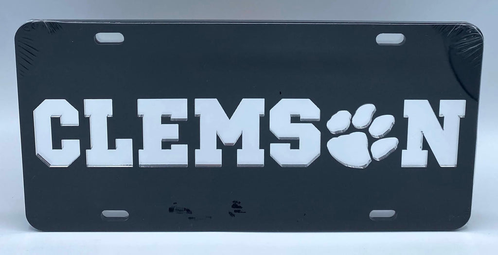 Clemson Tigers Mirror Car Tag Black W/ Silver Name Logo Laser Cut Acrylic Plate