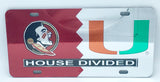 Florida State Seminoles Miami Hurricanes House Divided Mirror License Plate Car Tag University