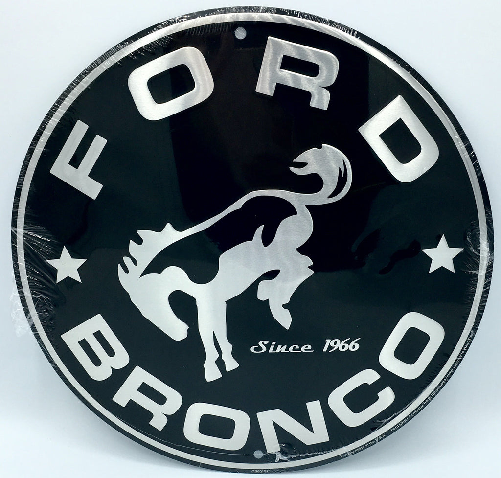 Ford Bronco Round Metal 12" Black Embossed Silver Logo Garage Since 1966