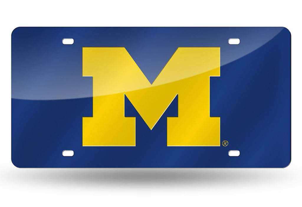 MICHIGAN WOLVERINES MIRRORED LASER BLUE CAR TAG LICENSE PLATE YELLOW M LOGO
