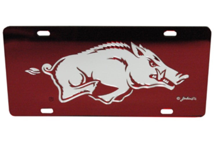 ARKANSAS RAZORBACKS MIRRORED CAR TAG LICENSE PLATE RED HOGS SIGN UNIVERSITY