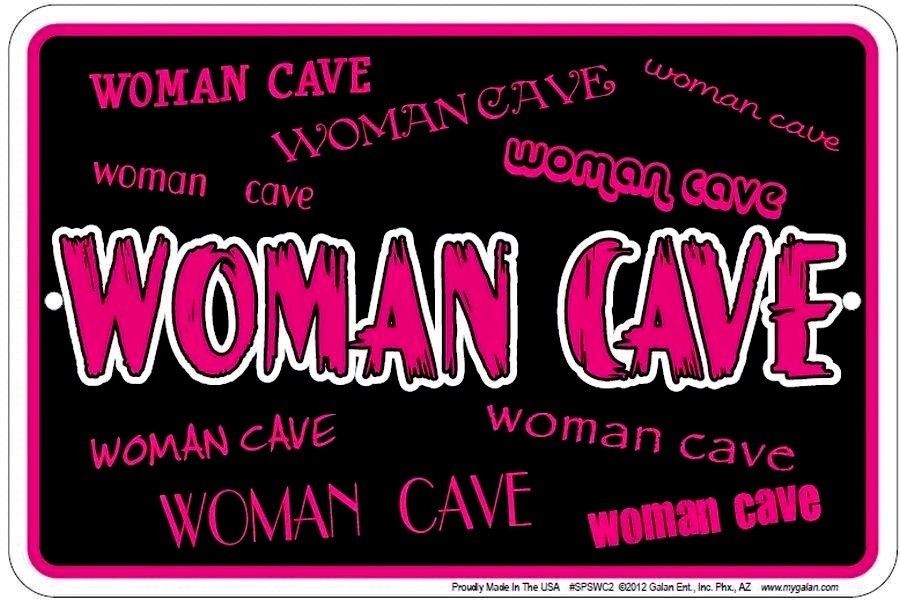 WOMAN CAVE METAL EMBOSSED HOT PINK & BLACK SIGN NOVELTY GIRL CRAFT ROOM BEDROOM