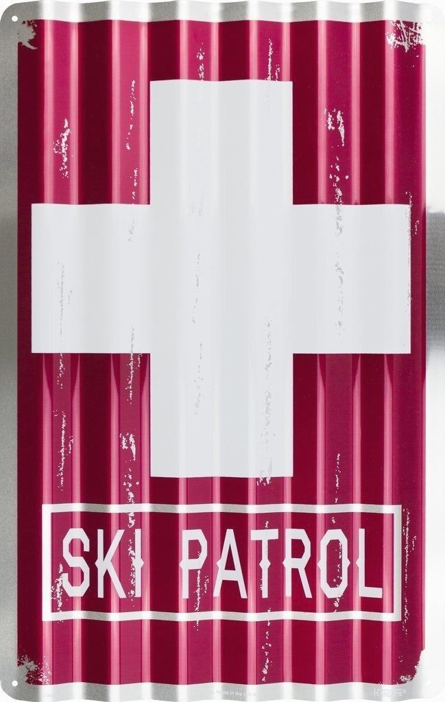SKI PATROL CORRUGATED METAL SIGN 12" X 18" RED DISTRESSED RETRO SKIING RESORT